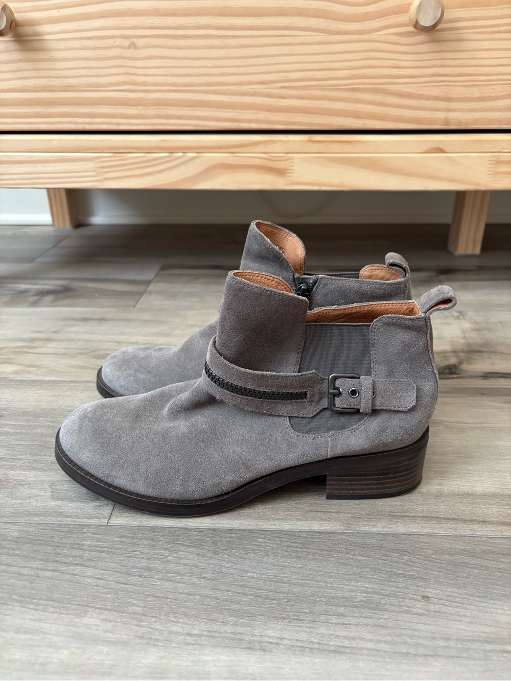 Grey leather booties